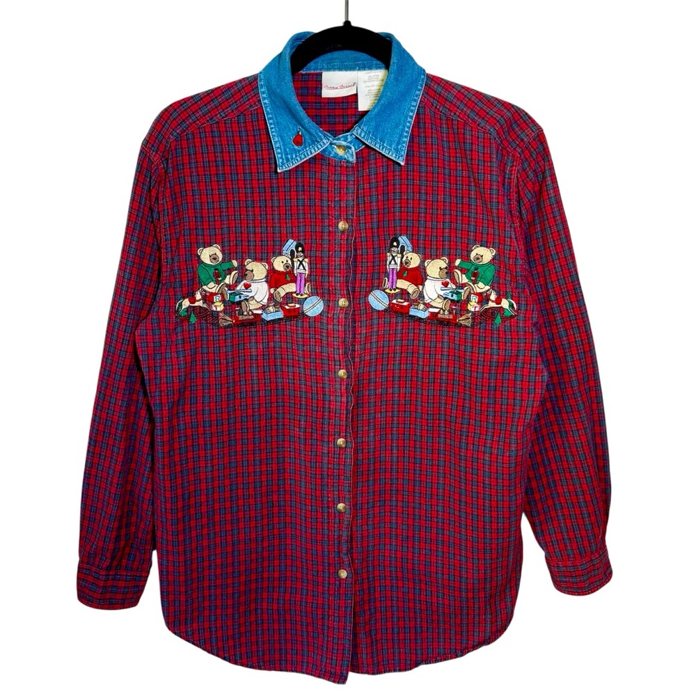 VTG Christmas Toyland BOBBIE BROOKS Button Up Shirt Small Red Plaid Teddy Bears